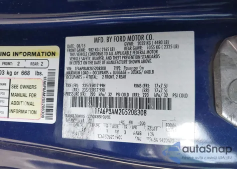 2016 Ford Mustang V6 z USA, uszkodzony, nr VIN 1FA6P8AM2G5208308